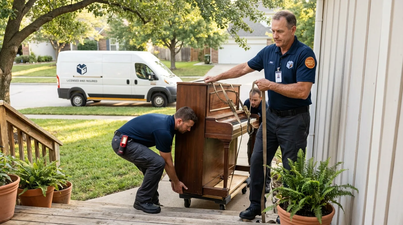 Licensed piano movers securing grand piano in Eureka, IL
