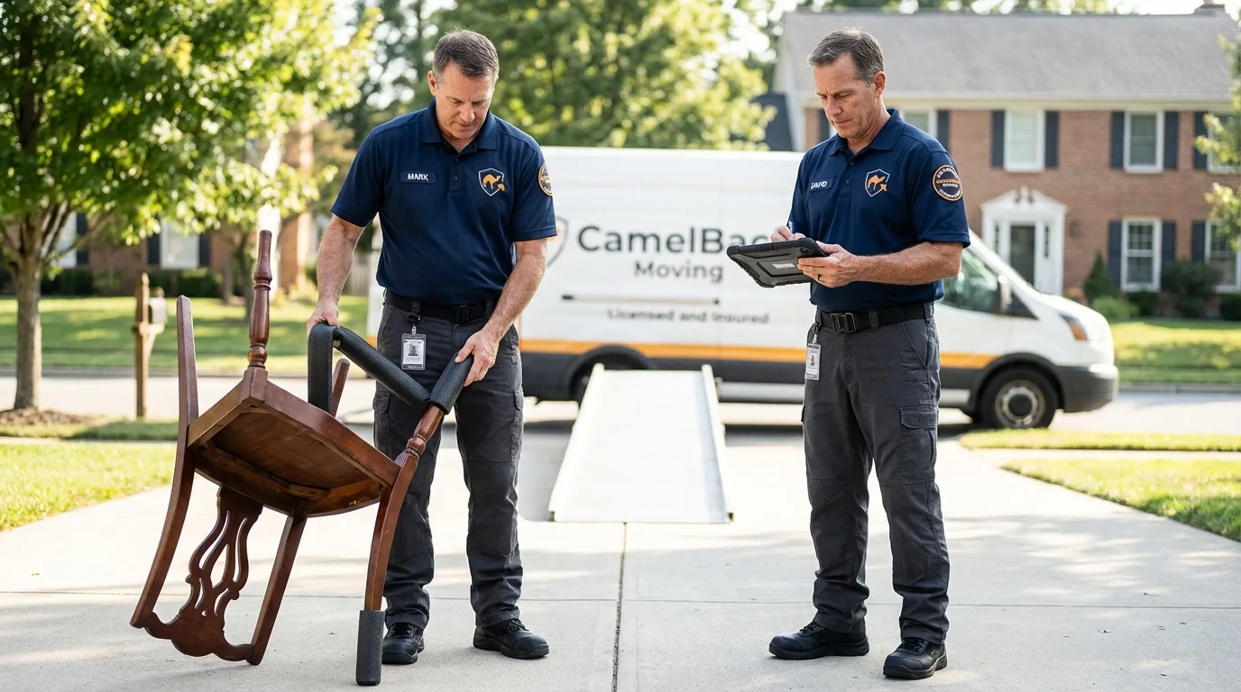 Movers inspecting furniture for damage prevention before loading in Eureka, IL