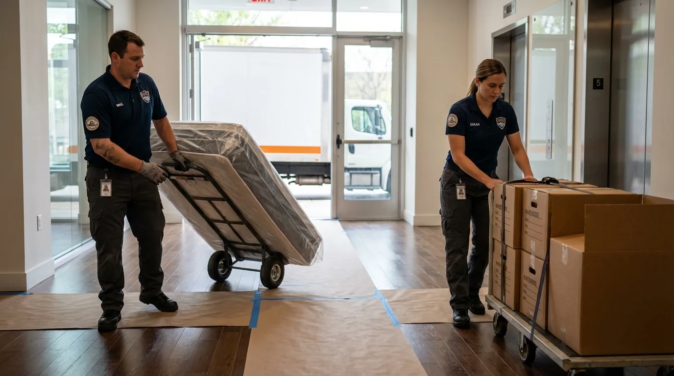 Professional apartment movers loading elevator in Eureka, IL