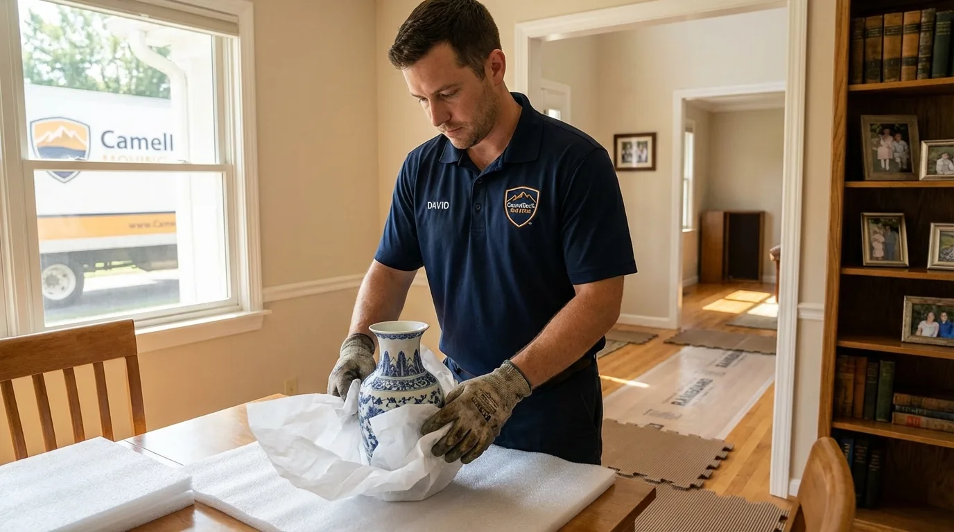 Professional crew carefully wrapping antique vase for senior downsizing move in Eureka, IL